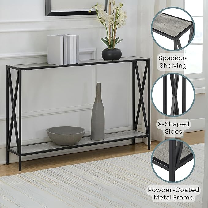 Convenience Concepts Tucson Console Table 47.25" - Modern Sofa Table with Storage Shelf, Entryway Hall Table for Living Room, Faux Birch/Black