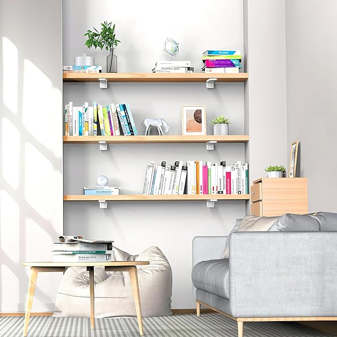 White Floating Shelf Brackets 10 inch, Heavy Duty Wall Shelf Bracket 8 Pack for Shelves Support, Hidden Metal L Brackets with Mounting Hardware (1/5'' Thick)