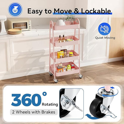 OLIXIS 4 Tier Utility Rolling Cart, Metal Mobile Storage Shelf with Lockable Caster Wheels, Organization for Livingroom, Bathroom & Narrow Places, 4-Tier Pink