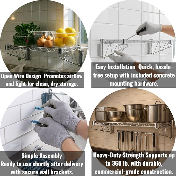 18" x 36" Chrome Wall-Mounted Wire Shelf with Epoxy Coating, Heavy-Duty Steel Storage Rack, NSF Certified, Easy Installation, Open Wire Design for Kitchen, Garage, or Utility Storage