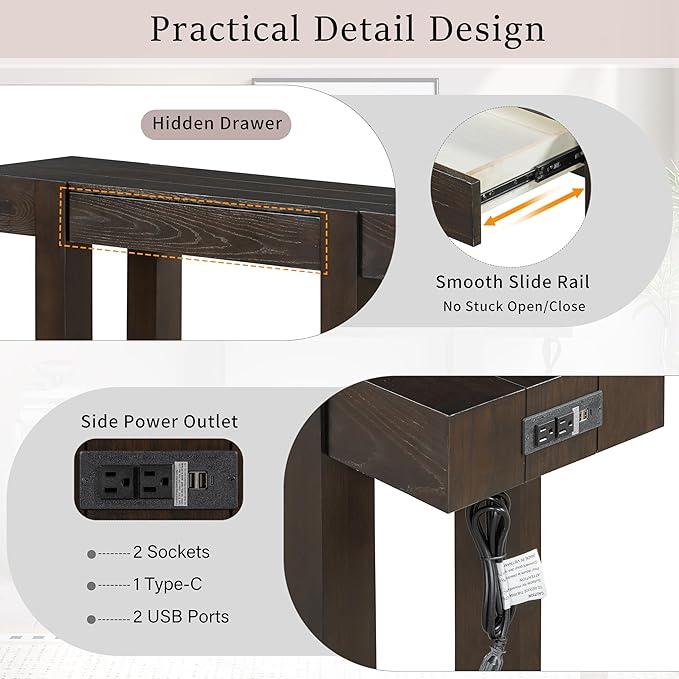 LUMISOL Sofa Table with Power Outlet, Rustic Console Table with Drawer, Wood Entryway Table for Entryways, Living Rooms, Home Office, Espresso