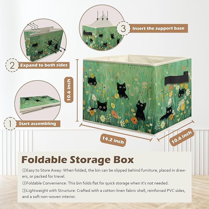 Floral Black Cat Green Meadow Storage Box Bins, Wildflower Filed Black Cat Collapsible Storage Basket Organizer for Girls Bedroom Laundry Room Home Clothes Toys Books, Toybox for Girls