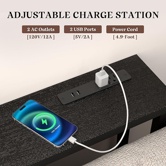 GRLEAF 78" Sofa Table with Built-in Power Strip (2 AC Outlets & 2 USB Ports) – 4.9ft Power Cord, Metal Frame, Easy Assembly, Long Couch Table Behind Sofa, Hallway, Living Room and Home Office | Black