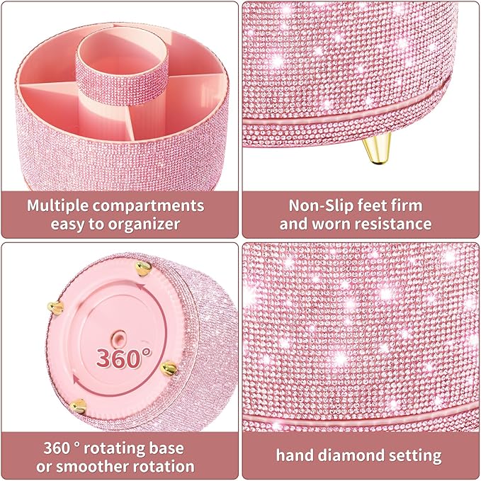 Bling Diamond Makeup Brush Holder, 360° Rotating Makeup Organizer, 5 Slot Make up Brushes Cup for Countertop, Storage for Cosmetics Pen Eyeliner Skincare on the Vanity (Diamond Pink)