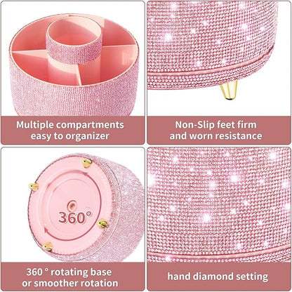Bling Diamond Makeup Brush Holder, 360° Rotating Makeup Organizer, 5 Slot Make up Brushes Cup for Countertop, Storage for Cosmetics Pen Eyeliner Skincare on the Vanity (Diamond Pink)