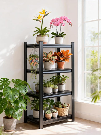 Plant Stand Indoor Outdoor,Metal Adjustable,4-Tier Plant Shelf,Accommodates Multiple Pots,Plant Shelves Suitable for Living Rooms,Gardens,Balconies (Black, 54''H x 22''W x 12''D)
