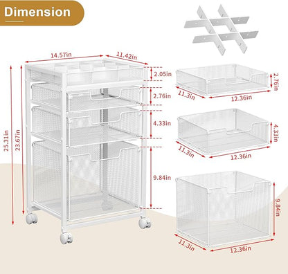 Rolling File Cart with 3 Storage Drawers, Under Desk Filing Cabinet with DIY Divider, Hanging File Folder Organizer on Wheels, Fits A4/Letter Size, Metal Utility Cart for Home Office, White