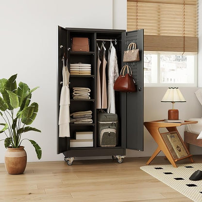 SUXXAN Broom Closet Storage Cabinet with Wheels 61.6"x 27.5"x11.7", Metal Cleaning Cabinets with Hooks and Hanging Rods, Lockable Cabinet with Pegboard, Adjustable Shelf,for Garage, Laundry Room