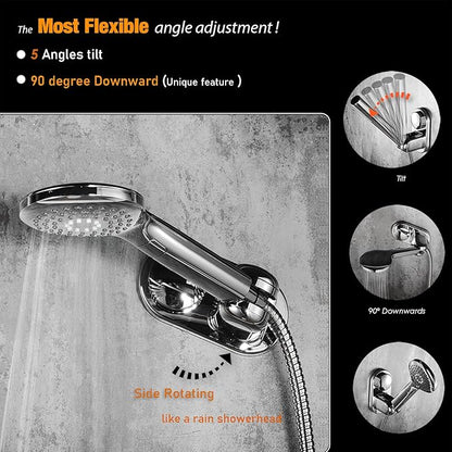 Suction Cup Handheld Shower Head Holder - 90 Degree 5 Angles Adjustable - Wide Input - Ideal for Large & Heavy Shower Heads - Bathroom Wall Mounted Shower Wand Holder (Polished Chrome)