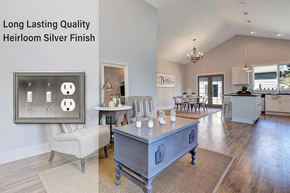 Henne Bery Sunken Pearls Heavy Duty Decorative Wall Plate Switch Plate Outlet Cover (Double Toggle/Single Duplex, Heirloom Silver)