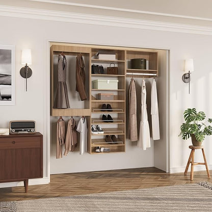 ROOMTEC Modular Closet System, 84" Wall Mounted Modern Closet Organizer with Hanging Rods and Shoe Shelf, Wooden Tower for Walk-In Closets, Wardrobe Storage Kit, Wood