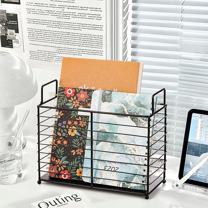 Metal Magazine Rack, Newspaper Book Tablet Storage Basket, File Holder Mail Organizer Bin with Handles, Iron Wire Black Folder Stand Holder for Home Office Bathroom Bedroom Den Living Room