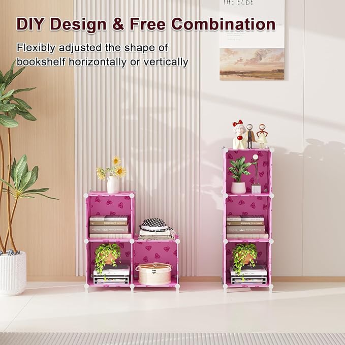 UNKU Cube Storage Organizer, 3 Cube Closet Organizer Storage Shelves, DIY Stackable Bookcase, Clothes Organizer Shelf for Closet, Bedroom, Living Room, Cabinet, Home, Office, Pink
