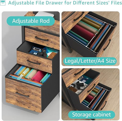 Lufeiya Computer Desk with Fabric File Drawers Cabinet, 47 Inch Reversible Home Office Desks with Filing Cabinet for Small Space, Study Writing Table PC Desks, Rustic Brown