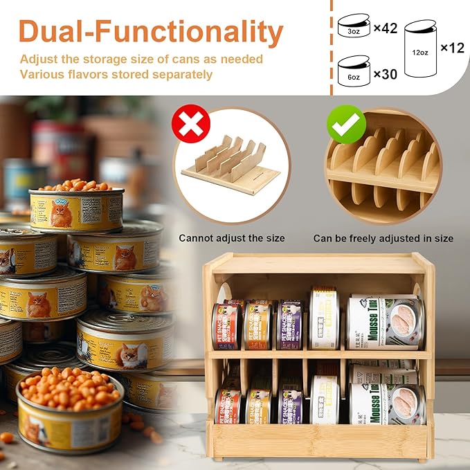 Upgraded Bamboo Cat Food Can Organizer - FIFO Pantry Storage Rack, Holds 42 (3oz) Cans, Stackable Pet Food Can Organizer for Kitchen Pantry (1)