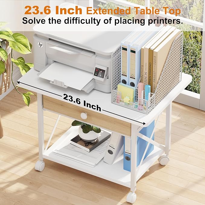 EasyCom 23.6" x 15.7" Under Desk Printer Stand with Storage Drawer, 2-Tier Shelf Desktop Printer Table for Desk with Wheels, Large Rolling Cart for Home Office Fits 3D Printer Scanner White