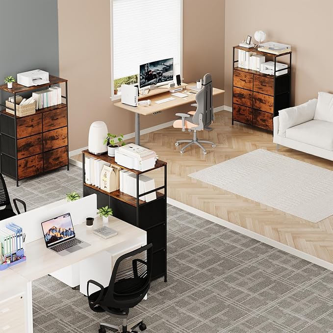 51" H Tall Mobile File Cabinet, Rolling Printer Stand with 6 Drawers, Adjustable Hanging Rails for A4/Letter/Legal Files, Fabric Vertical Filing Cabinet for Home Office, Rustic Brown