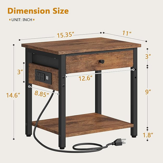 Printer Stand with Charging Station, 2-Tier Under Desk Printer Table, Side Table with Storage Shelves for Home Office, Living Room, Bedroom, Bathroom, Brown