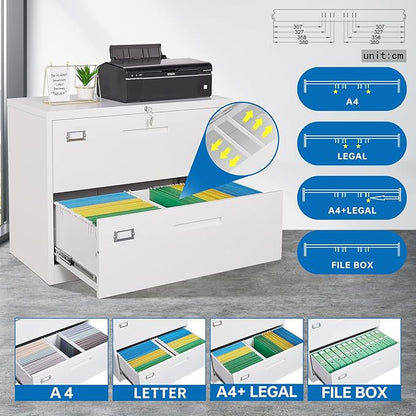 2 Drawer Lateral File Cabinet Metal Filing Storage Cabinet with Lock Office Home Steel File Cabinet for A4 Legal/Letter Size File Cabinet Locked,Assembly Required (2 Drawer, White)