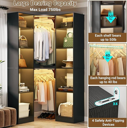 Corner Closet System with 2 Motion Sensor Lights, 39.2" Corner Closet Organizer with 12 Shelves, Closet Corner with 2 Hanging Rods, Versatile 6-Tier Walk-in Closets for Corner Space, Black