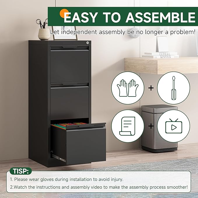 3 Drawer File Cabinet, Metal Filing Cabinets for Home Office, Black Vertical File Cabinet with Lock for Letter/Legal/A4/F4 Size, Assemble Required