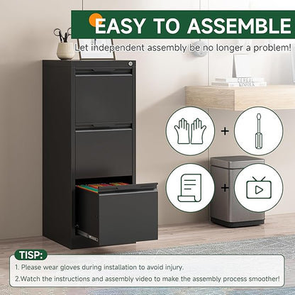 3 Drawer File Cabinet, Metal Filing Cabinets for Home Office, Black Vertical File Cabinet with Lock for Letter/Legal/A4/F4 Size, Assemble Required