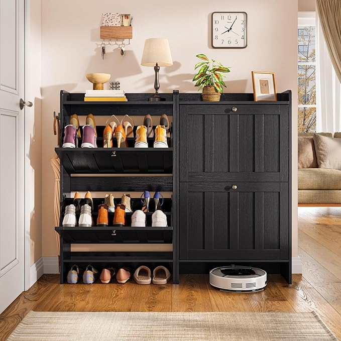 Gizoon Shoe Cabinet with Open Storage, Shoe Storage Cabinet for Entryway, Freestanding Narrow Rack with 2 Flip Drawers, Space-Saving, for Hallway, Black