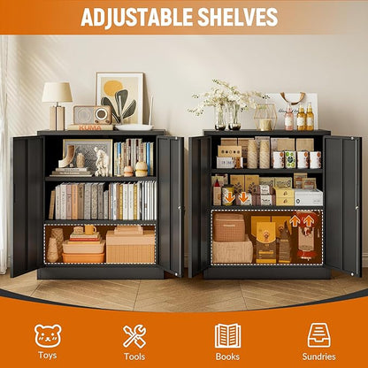 BESFUR Metal Storage Cabinet, Garage Storage Cabinet with 2 Adjustable Shelves, Locking Short Storage Cabinet for Office Garage Home, Black Metal Cabinets (36" H x 31.5" W x 16" D)