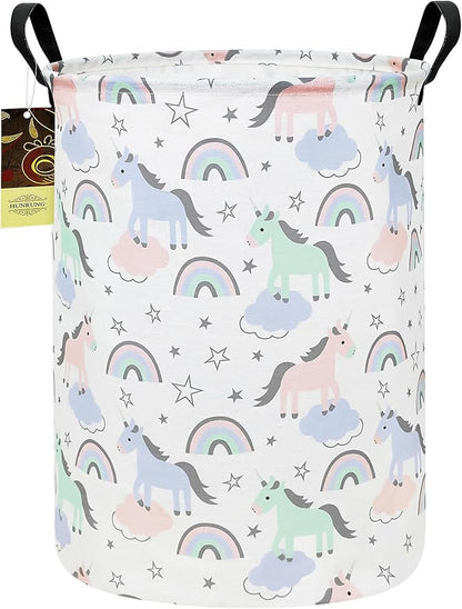 HUNRUNG Laundry Hamper,Large Canvas Fabric Lightweight Storage Basket Toy Organizer Dirty Clothes Collapsible Waterproof for College Dorms（Round-Star Unicorn）