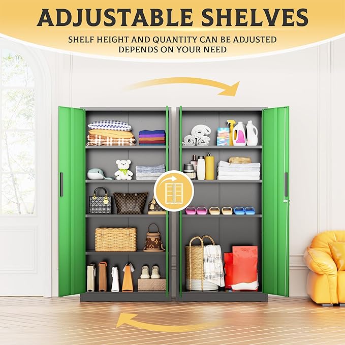 SUNCROWN 72" Metal Storage Cabinet - Heavy-Duty Metal Garage Cabinet with 4 Adjustable Shelves & 2 Doors for Tools, Office, Home, Workshop,Black & Green-Small