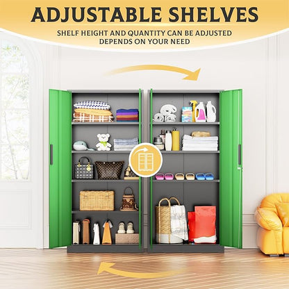 SUNCROWN 72" Metal Storage Cabinet - Heavy-Duty Metal Garage Cabinet with 4 Adjustable Shelves & 2 Doors for Tools, Office, Home, Workshop,Black & Green-Small
