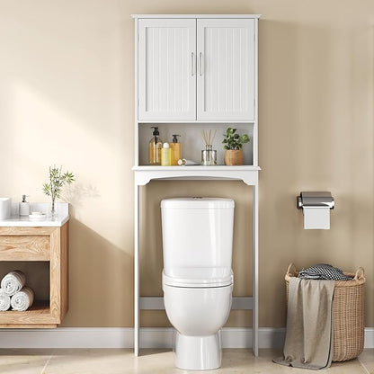 Yaheetech Over The Toilet Cabinet, Double Door Bathroom Storage Organizer, Toilet Rack with Inner Adjustable Shelf and Open Storage Shelf, White