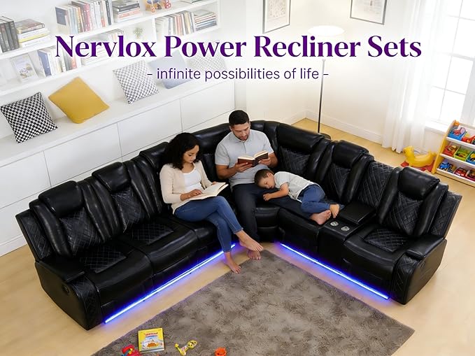 Power Sectional Sofa, Power Recliner Sofa Set for Living Room, Leather Reclining Sectional, Black 3PCS Recliner Couch Loveseat Sets with LED, USB Charging, Cup Holders, Storage for Home/Office
