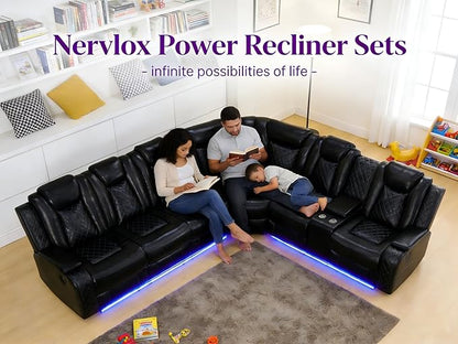 Power Sectional Sofa, Power Recliner Sofa Set for Living Room, Leather Reclining Sectional, Black 3PCS Recliner Couch Loveseat Sets with LED, USB Charging, Cup Holders, Storage for Home/Office