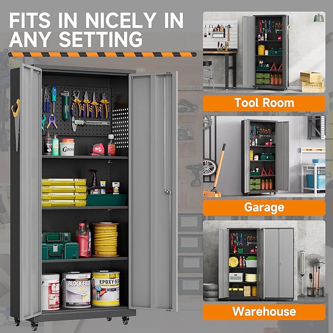 Garage Storage Cabinet with Wheels, Metal Storage Cabinet with 2 Doors and Adjustable 4 Shelves for Garage, Basement, Warehouse, Office, Gray, Assembly Required