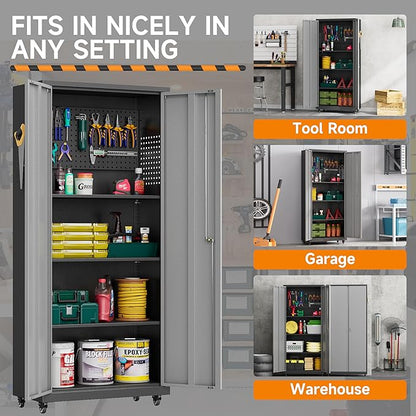 Garage Storage Cabinet with Wheels, Metal Storage Cabinet with 2 Doors and Adjustable 4 Shelves for Garage, Basement, Warehouse, Office, Gray, Assembly Required