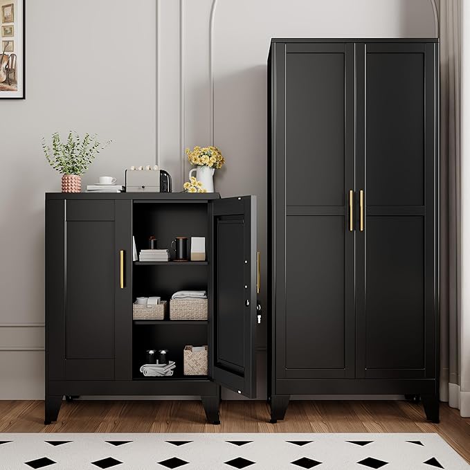 Black Metal Pantry Cabinet with Lock(Two Units), Sideboard Buffet Storage Cabient with Doors and 2 Adjustable Shelves, Multifunctional Kitchen Cupboard for Home Office, Buffet Table