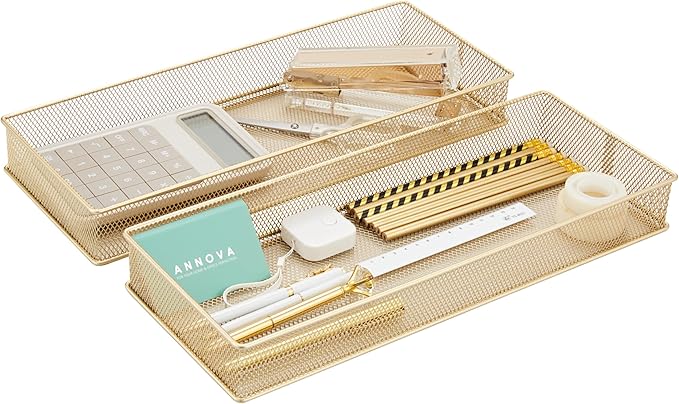 Annova Mesh Stackable Drawer Cabinet and Shelf Organizer Bins Storage Basket School Office Supply Holder Tray- Set of 2 (Gold, 6x15x2 Inch)