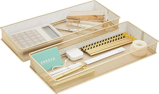 Annova Mesh Stackable Drawer Cabinet and Shelf Organizer Bins Storage Basket School Office Supply Holder Tray- Set of 2 (Gold, 6x15x2 Inch)