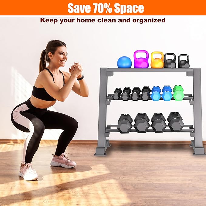 Heavy Duty 3 Tier Dumbbell Rack Stand, 1200LBS Weight Rack for Home Gym, Dumbbell and Kettlebell Storage with Adjustable Width, Stand Only