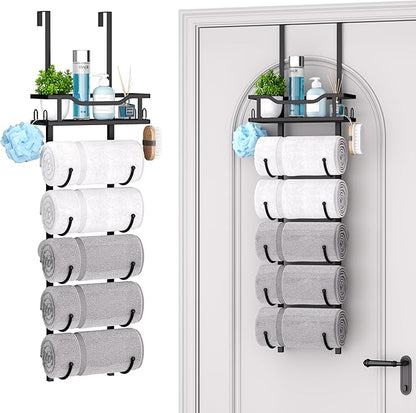 SWTYMIKI Over The Door Towel Rack - 6 Tier Towel Racks for Bathroom Wall Mounted, Towel Holder with Shelf, Hanging Rolled Towel Storage Organizer for Small Bathroom, Camper, RV, Black