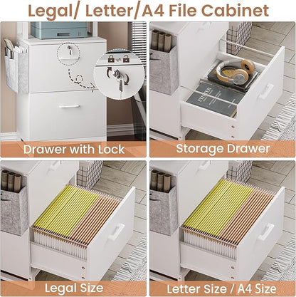 Itaar 2 Drawer File Cabinet, Filing Cabinet with Lock fits Letter, Legal, A4 Size, File Cabinets for Home Office with Storage Bag, Open Shelf and Hook, White