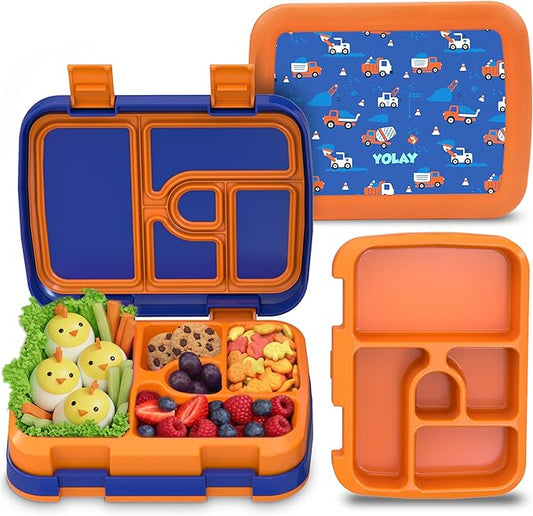 YOLAY Bento Box for Kids Lunch Box Leak-Proof, 5-Compartment Lunch Box Kids for Ages 3-10, Durable with Anti-Slip Base, Suitable for Schools, Outdoor and Travel (Mermaid) (Trucks)