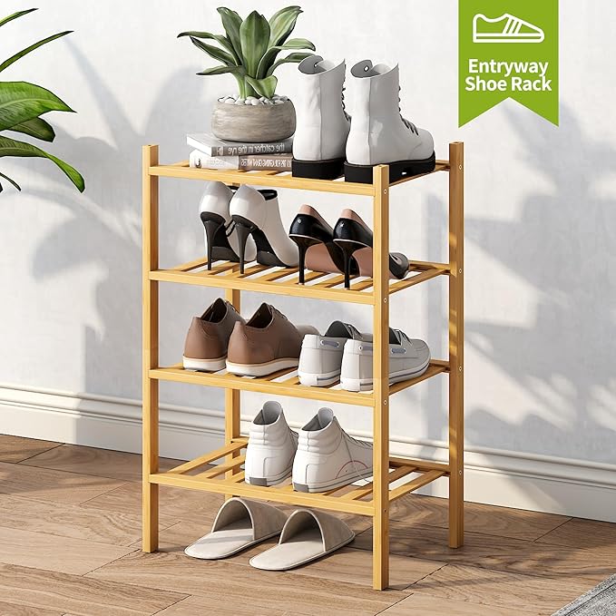 BMOSU 4-Tier Bamboo Small Shoe Rack Premium Stackable Shoe Shelf Storage Organizer for Hallway Closet Living Room Entryway Organizer (Natural Bamboo)