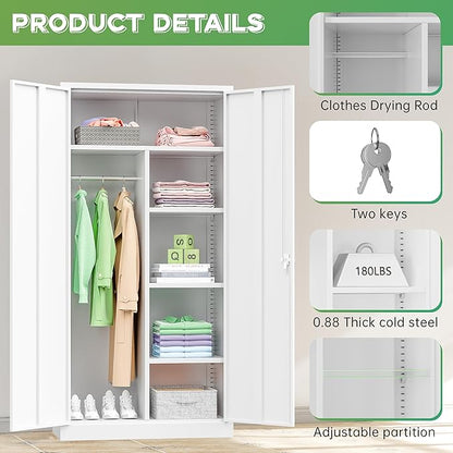 INTERGREAT Metal Wardrobe Closet, 71" White Locking Storage Wardrobe Cabinet with Doors and Shelves, Tall Steel Clothes Storage for Office, Home, School, Gym