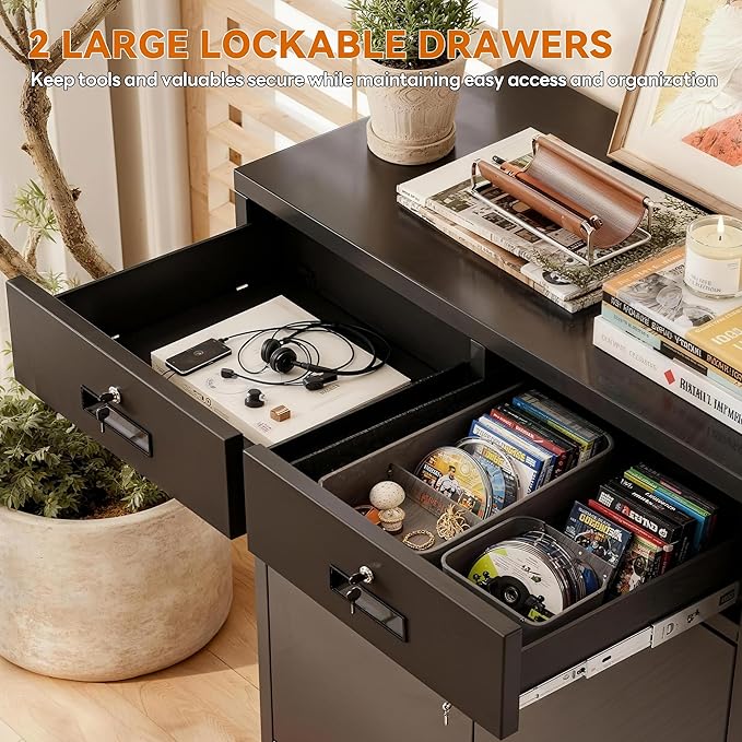 BESFUR Metal Storage Cabinet, Garage Storage Cabinet with 2 Drawers and Adjustable Shelf, Locking Short Storage Cabinet for Office Garage Home, Black Metal Cabinets(36" H x 31.5" W x 16" D)
