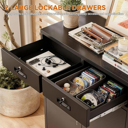 BESFUR Metal Storage Cabinet, Garage Storage Cabinet with 2 Drawers and Adjustable Shelf, Locking Short Storage Cabinet for Office Garage Home, Black Metal Cabinets(36" H x 31.5" W x 16" D)