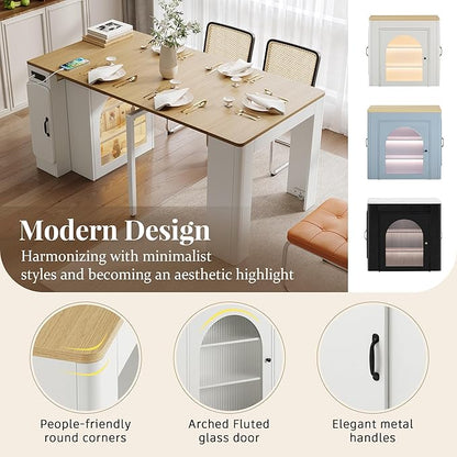 Extendable Dining Table with Storage Cabinet, 15.6" to 59" Rolling Kitchen Island Table with Power Outlet & LED Lights, Space Saving Dining Table for Small Spaces, White