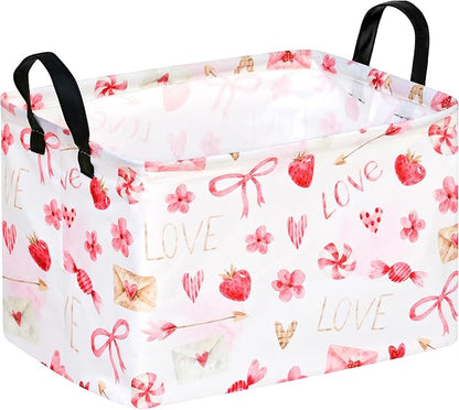 Empty Gift Basket for Girls Heart Print Storage Cube for Women, Closet Shelf Waterproof Organizer Bins with Handles Nursery hamper Kids Toys Books Box Room Deco
