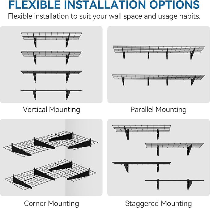 2-Pack 1x6ft Garage Wall Shelving, 12"x72" Shelf Storage Rack Floating Shelves Wall Mounted, Heavy Duty Storage Shelves, 800lbs Load Capacity, with 16 Hooks for Garage Organization, Black